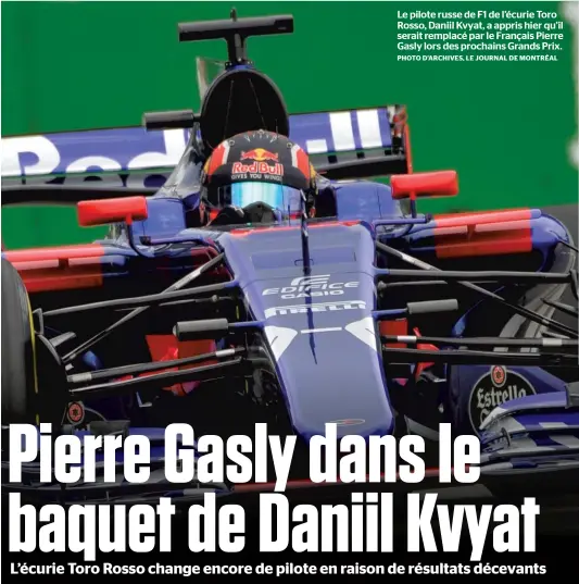  ?? PHOTO D’ARCHIVES, LE JOURNAL DE MONTRÉAL ?? Le pilote russe de F1 de l’écurie Toro Rosso, Daniil Kvyat, a appris hier qu’il serait remplacé par le Français Pierre Gasly lors des prochains Grands Prix.