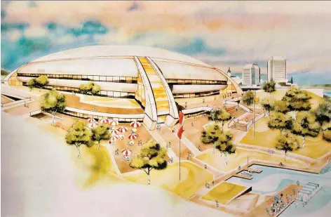  ??  ?? Architect Gary Marvin designed this proposed downtown arena to be located just south of the Farmers’ Market. The proposed location at the decommissi­oned A.L. Cole power-plant site was strongly rejected — by nearly a 2-to-1 margin — in a Saskatoon referendum in 1985.
