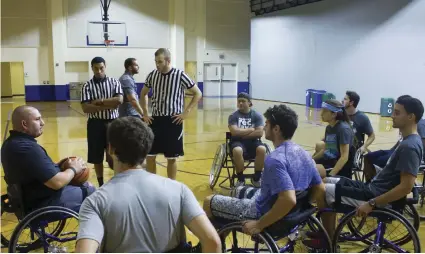  ??  ?? Mario Castro (above) often talks to kids about disability issues. FGCU hoopsters (below left) are surprised by the difficulty of playing seated. Practice (below right) is at the Estero Rec Center.