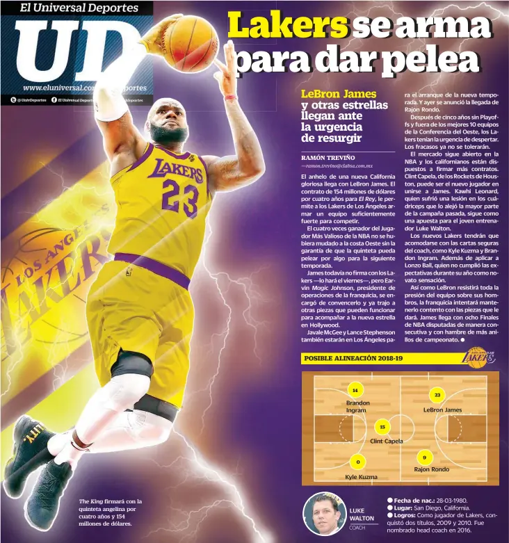  ??  ?? firmará con la quinteta angelina por cuatro años y 154 millones de dólares. Fecha de nac.: 28-03-1980.
Lugar: San Diego, California.
Logros: Como jugador de Lakers, conquistó dos títulos, 2009 y 2010. Fue nombrado head coach en 2016.