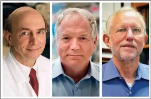  ?? The Associated Press ?? NOBEL WINNERS: This combinatio­n of photos shows, from left, Harvey J. Alter, Charles M. Rice, and Michael Houghton who jointly won the Nobel Prize for medicine on Monday, for their discovery of the hepatitis C virus. The major source of liver disease affects millions worldwide.