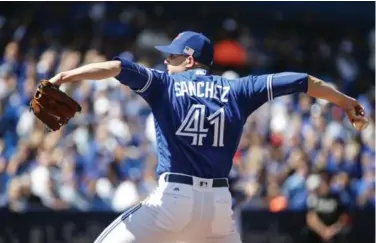  ?? BERNARD WEIL/TORONTO STAR ?? The Jays’ Aaron Sanchez in the first inning of Sunday’s 11-8 loss to Boston. The nearly four-hour game featured 18 pitchers.