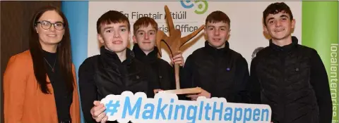  ??  ?? Teacher Laura Campbell with Cathal Malone, Nathan Mills, Peter Hanlon and Lorcan Rice members of the mini company ‘Heated Clothing Company’ Bush Post Primary School winners of the Senior category in the LEO Louth Junior Enterprise Awards.