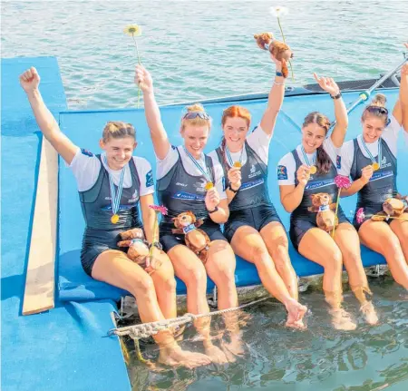  ??  ?? Jackie Gowler, Beth Ross, Kerri Gowler, Grace Prendergas­t, Kelsey Bevan, Lucy Spoors, Emma Dyke, Ella Greenslade and cox Caleb Shepherd won NZ’s first gold in the women’s eight.