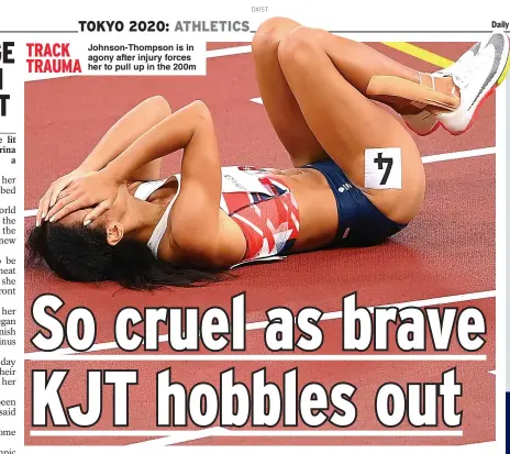  ??  ?? Johnson-Thompson is in agony after injury forces her to pull up in the 200m