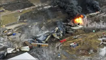  ?? GENE J. PUSKAR — THE ASSOCIATED PRESS FILE ?? This photo taken with a drone shows portions of a Norfolk Southern freight train that derailed Feb. 3on fire in East Palestine, Ohio. A Senate committee held a hearing Thursday to look into the train derailment in East Palestine.