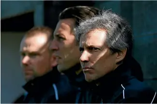  ?? PHOTO: GETTY IMAGES ?? Auckland city coaching staff led by head coach Ramon Tribulietx (right) watch the first leg of the Oceania Champions League semi-finals.