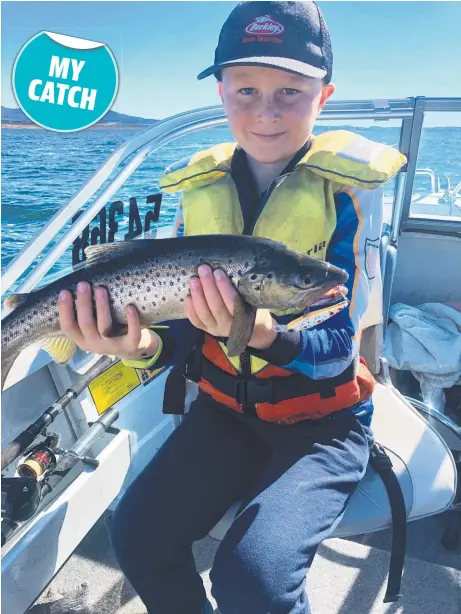  ??  ?? Campbell Spencer, 10, with a Great Lake brown trout caught on a Hueys Sunset lure.