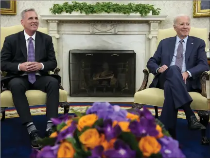  ?? ALEX BRANDON — ASSOCIATED PRESS ?? President Joe Biden meets with House Speaker Kevin Mccarthy, R-calif., on May 22 to discuss the debt limit in the Oval Office of the White House in Washington. Biden and Mccarthy tapped a handful of trusted emissaries to negotiate a deal.