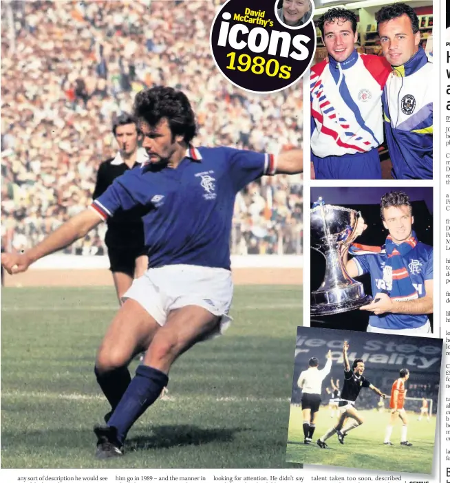  ??  ?? GENIUS AT WORK McCoist, top, with Cooper and the winger dazzled with Gers and Well, far left, as well as scoring goal that took Scots to World Cup, above