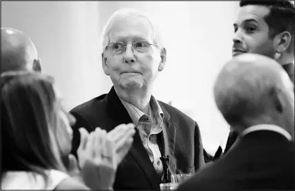  ?? LIZ DUFOUR / THE CINCINNATI ENQUIRER VIA AP ?? Senate Minority Leader Mitch Mcconnell, R-KY., is pictured Wednesday before taking the podium to speak at the Northern Kentucky Chamber of Commerce in Covington, Ky. The 81-year-old Mcconnell appeared to briefly freeze up and was unable to answer a question from a reporter during the event, weeks after he had a similar episode in Washington.