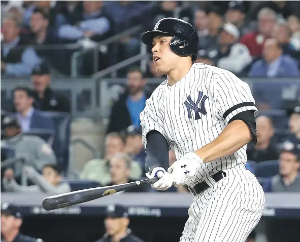  ?? — GETTY IMAGES FILES ?? Rookie slugger Aaron Judge of the Yankees hit a two-run homer off Jose Berrios of the Minnesota Twins in his playoff debut on Tuesday at Yankee Stadium. Cleveland manager says Judge is great for baseball but bad for the teams he’s playing against.