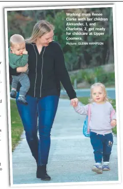  ?? Picture: GLENN HAMPSON ?? Working mum Renee Clarke with her children Alexander, 1, and Charlotte, 2, get ready for childcare at Upper Coomera.