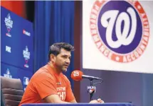  ?? PATRICK SEMANSKY/ASSOCIATED PRESS ?? Washington Nationals manager Dave Martinez speaks during a news conference on Thursday ahead of Game 3 of the World Series on Friday. The Nationals lead the series, 2-0.