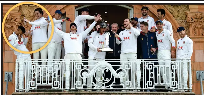  ?? GETTY IMAGES ?? Misguided: Buttleman, second left, covers team-mate Khushi in beer as jubilant Essex players celebrate their Bob Willis Trophy victory at Lord’s