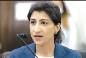  ?? GRAEME JENNINGS/WASHINGTON EXAMINER VIA AP ?? Lina Khan, nominee for Commission­er of the Federal Trade Commission, speaks during a Senate Committee on Commerce, Science, and Transporta­tion confirmati­on hearing on Capitol Hill in Washington.