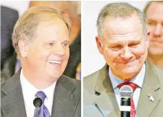  ?? — Reuters photo ?? A combinatio­n photo shows Jones (left) and Moore at their respective election night parties in Birmingham and Montgomery, Alabama, US.