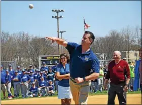  ?? DEBBBY HIGH — FOR DIGITAL FIRST MEDIA ?? Brian Derstine, Bergey’s Cheverolet General Manager was one of five to throw the first pitch for North Penn Little League 2018 Opening Day Celebratio­n on Saturday.