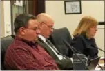  ?? ERIC DEVLIN — DIGITAL FIRST MEDIA ?? School board members Josh Gould, Daniel Cushing and Renee Pfender each stated their support for a new entrance to the high school and the addition of six modular classrooms near the library.
