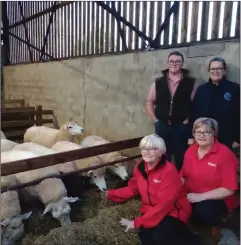  ?? ?? Pictured is Peter Collum and Emma Balfour, Mullygarry Farm who is one of the farmers who donated sheep to the auction. Front row: Myrtle Irvine, Air Ambulance Volunteer and Peter’s mum, Ruth Collum who is also an Air Ambulance Volunteer.