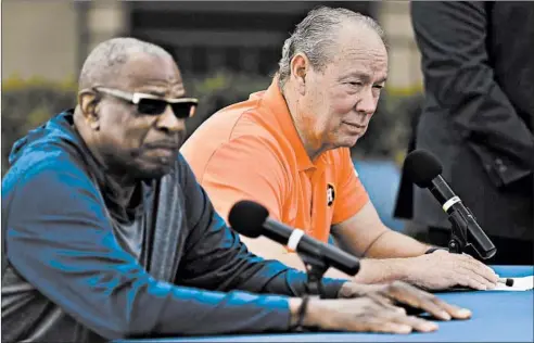  ?? MICHAEL REAVES/GETTY ?? New Houston Astros manager Dusty Baker, left, and owner Jim Crane talk to reporters at FITTEAM Ballpark of The Palm Beaches in Florida on Thursday.