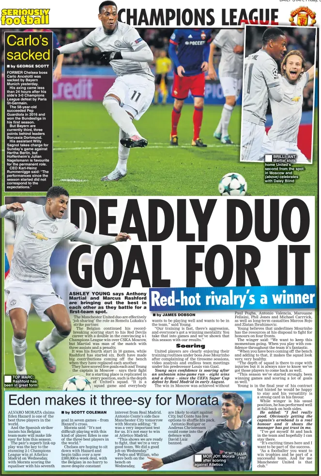  ??  ?? TOP MARC: Rashford has been in great form BRILLI–ANT: Martial slots home United’s second from the spot in Moscow and (above) celebrates with Daley Blind