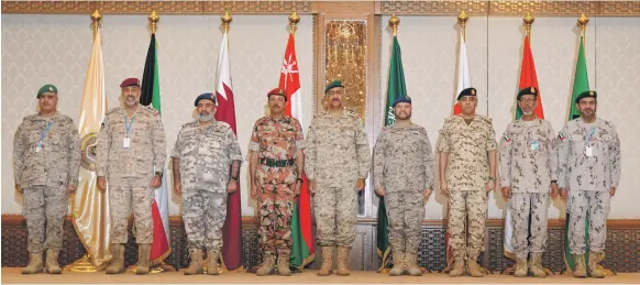 ?? EPA ?? Chiefs of staff of the GCC states’ armed forces met in Kuwait City for talks on military collaborat­ion yesterday. They are, from second right to left, Lt Gen Hamad Al Rumaithi of the UAE, Lt Gen Dhiyab Al Nuaimi of Bahrain, Gen Fayyad Al Ruwaili of Saudi Arabia, Lt Gen Khaled Al Khader from Kuwait, Lt Gen Ahmed Al Nabhani from Oman, and Maj Gen Ghanem Al Ghanem of Qatar