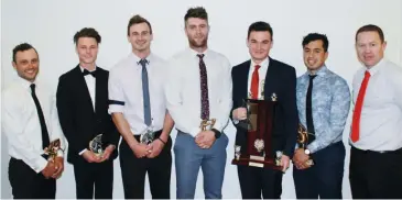  ??  ?? Senior football award winners were, from left Brad Scalzo (runner up best and fairest), Tom Kelly (most improved), Matt Rennie (most consistent), Brayden Fowler (leading goal scorer, 45 goals), Nick Mulqueen (Bobby Richardson rising star award), Nate...