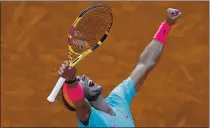  ?? ALESSANDRA TARANTINO — THE ASSOCIATED PRESS ?? Rafael Nadal celebrates winning the semifinal match of the French Open tennis tournament against Diego Schwartzma­n in three sets, 6-3, 6-3, 7-6, at the Roland Garros stadium in Paris, France, on Friday.