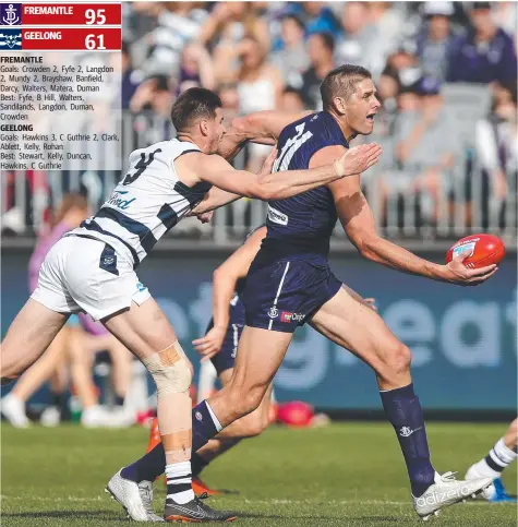  ?? Picture: GETTY IMAGES ?? Dockers ruckman Aaron Sandilands looks to handball against Geelong at Optus Stadium yesterday