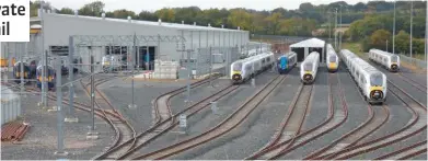  ?? JAMES GARTHWAITE. ?? Hitachi Rail Europe is assembling and releasing new trains at its Newton Aycliffe facility for three operators. On October 3, Class 385s for ScotRail, Class 800s for Great Western Railway and Class 801s for Virgin Trains East Coast stand outside the...