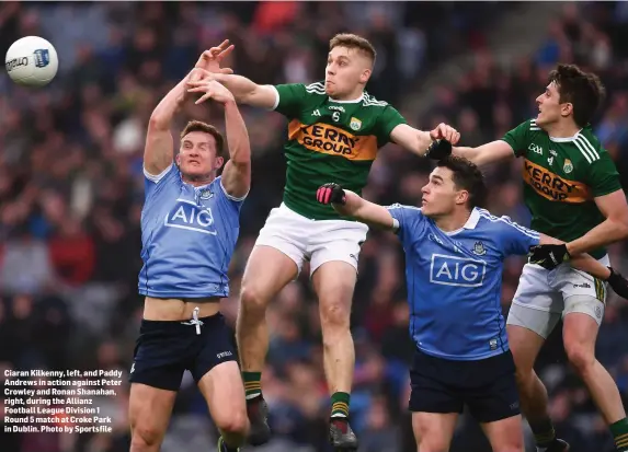  ??  ?? Ciaran Kilkenny, left, and Paddy Andrews in action against Peter Crowley and Ronan Shanahan, right, during the Allianz Football League Division 1 Round 5 match at Croke Park in Dublin. Photo by Sportsfile