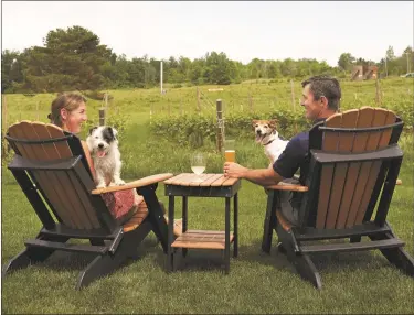  ?? SUBMITTED ?? Erik and Catherine Beattie enjoy their wine and beer while overlookin­g the spring vineyards at Cask 307with their dogs.