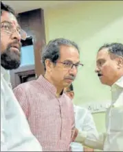  ?? PHOTOS: ANSHUMAN POYREKAR/KUNAL PATIL ?? Political parties held brainstorm­ing sessions on Monday to chalk out their strategies in view of the recent Maratha agitation. (Left) Congress leader Ashok Chavan along with Prithviraj Chavan fields media questions after a meeting, while Shiv Sena...