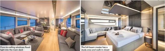  ??  ?? The full-beam master has a study area and walk-in closet Floor-to-ceiling windows flood light into the main deck