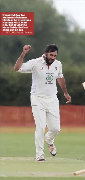  ?? PICTURE: Richard Parkes ?? Uprooted: Joy for Welbeck's Nadeem Malik as he dismisses Hosiery Mills' Matt New but it was the Mansfield side that came out on top