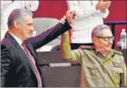  ?? AP ?? Raul Castro (right) with Miguel Diaz-Canel, the newly appointed Communist Party chief, at the Convention Palace in Havana