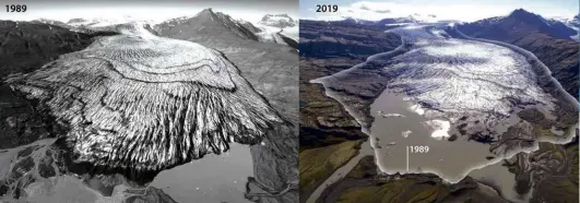  ??  ?? ABOVE The project created the righthand image, revealing the shocking extent of glacier retreat in Iceland over the past 30 years