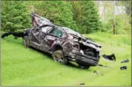  ?? KELSEY LEYVA THE MORNING JOURNAL ?? A rollover crash May 2 involving a Volkswagen Passat on Route 58, north of Peck-Wadsworth Road in Wellington Township, resulted in an Wellington man flown to MetroHealt­h Medical Center in Cleveland.