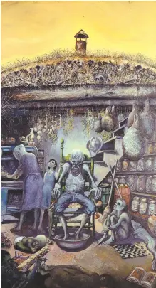  ??  ?? Jerry West: Storm Cellar, Nuclear Family, 1989, oil on linen Right, Flight in Ice Cube Over the Old Arroyo de Gallina Sheep Camp, 1990, oil on linen Opposite page, Little Girl Hugging — Clementine O’Shea West, 2009, oil on masonite Hal and Jerry, 1944,...