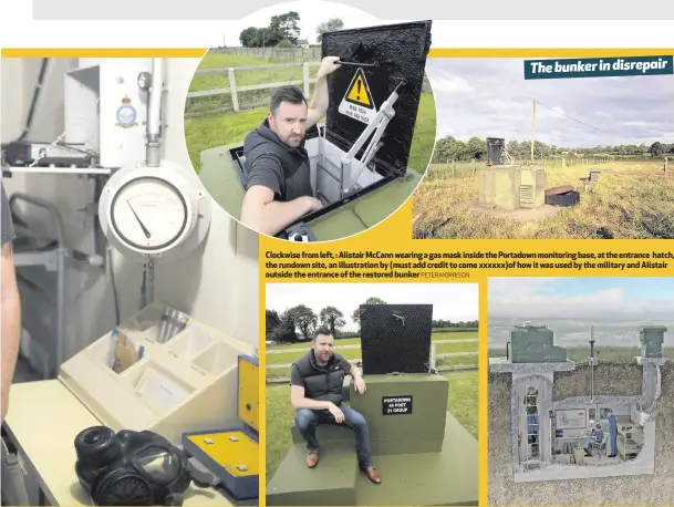  ?? PETER MORRISON ?? Clockwise from left, : Alistair McCann wearing a gas mask inside the Portadown monitoring base, at the entrance hatch, the rundown site, an illustrati­on by (must add credit to come xxxxxx)of how it was used by the military and Alistair outside the...