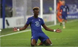  ?? Photograph: Richard Pelham/NMCPool ?? Tammy Abraham scores his first, and Chelsea’s second, goal at Stamford Bridge.