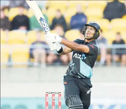  ?? ?? Rachin Ravindra top scored for the Kiwis with 68 from 35 balls to propel the hosts to an imposing total