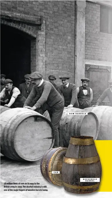  ??  ?? 18 million litres of rum on its way to the British army in 1919. The alcohol industry is still one of the major buyers of wooden barrels today.
CAN
RUM BARRELS
HOUSEHOLD BARREL