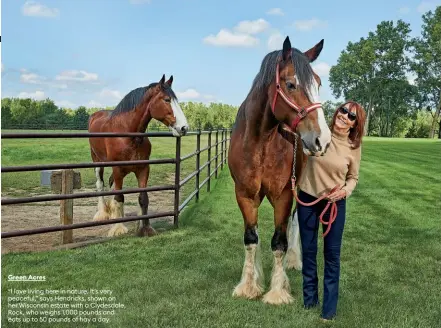  ?? ?? Green Acres
“I love living here in nature. It’s very peaceful,” says Hendricks, shown on her Wisconsin estate with a Clydesdale, Rock, who weighs 1,000 pounds and eats up to 50 pounds of hay a day.