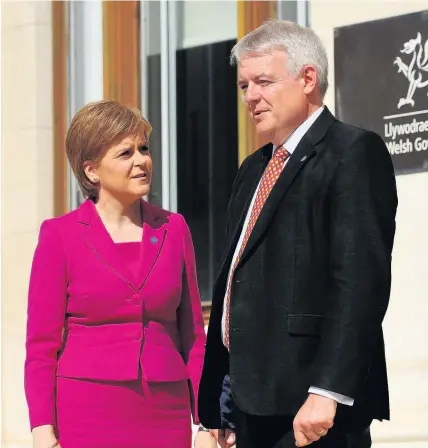  ?? Wales News Service ?? > Wales First Minister Carwyn Jones with Scottish First Minister Nicola Sturgeon in Cardiff