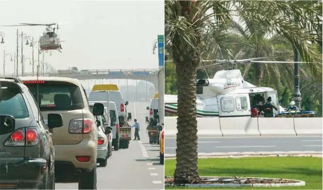 ?? Kamal Kassim/gulf Today ?? ↑
A combinatio­n picture shows a helicopter airlifting an accident victim near Sharjah airport.