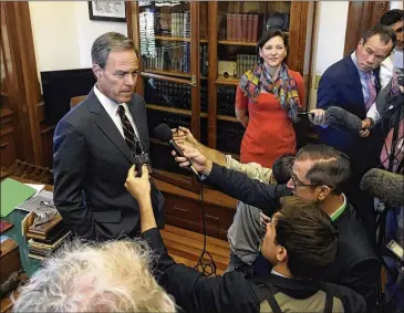  ?? JONATHAN TILOVE / AMERICAN-STATESMAN ?? Texas House Speaker Joe Straus, R-San Antonio, speaks to the press Wednesday at the Capitol after announcing he would not seek re-election to the Legislatur­e after five terms as speaker.