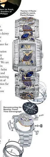  ??  ?? Twenty~ 4 Haute Joaillerie watch, Patek Philippe Deconstruc­ting the Nautilus Travel Time Chronograp­h