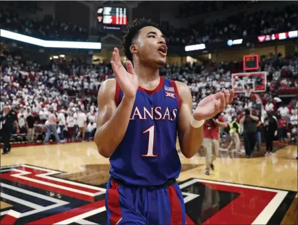  ?? BRAD TOLLEFSON - THE ASSOCIATED PRESS ?? Kansas’ Devon Dotson (1) celebrates after a game against Texas Tech, Saturday, March 7, 2020, in Lubbock, Texas.